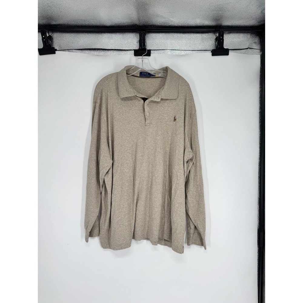 Polo Ralph Lauren Long Sleeve Polo Shirt 3XL Big 3XB Khaki Oatmeal 100% Cotton